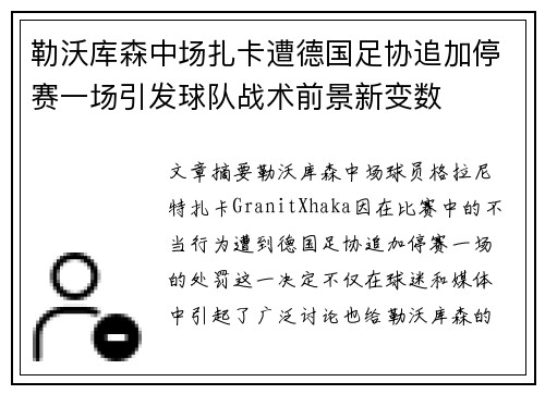 勒沃库森中场扎卡遭德国足协追加停赛一场引发球队战术前景新变数